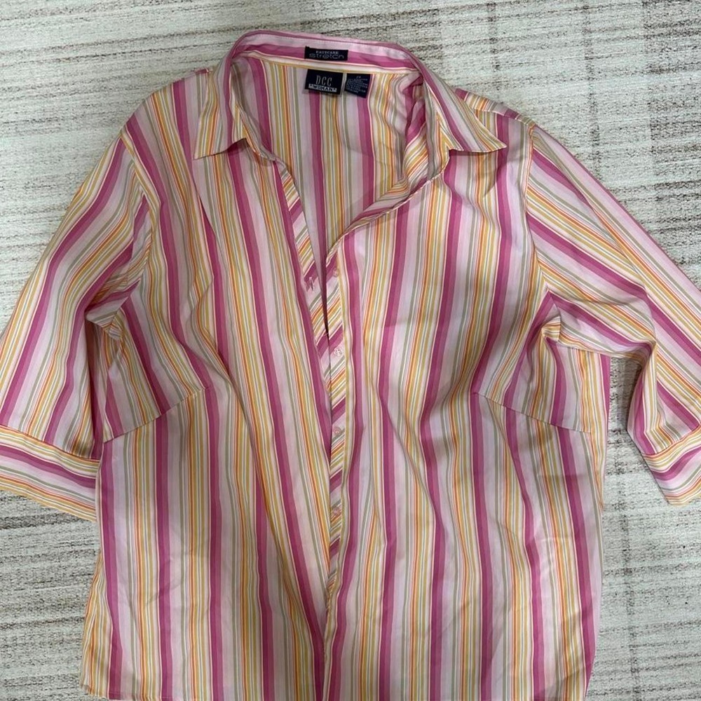 DCC Woman Blouse 2X Easycare Stretch Striped Button Down Shirt Pink Orange Work